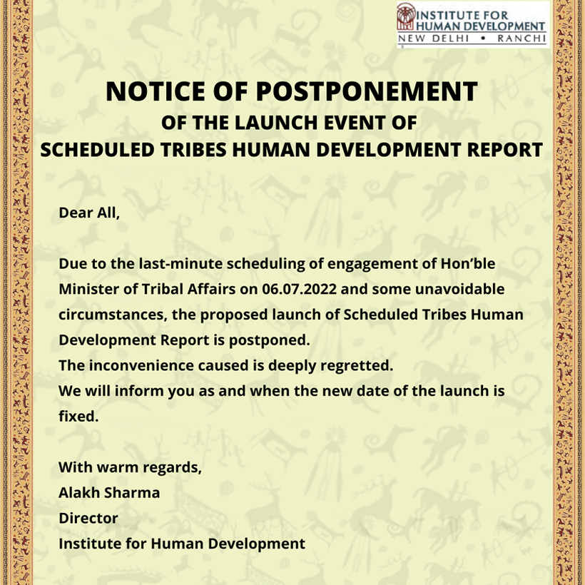 Postponement of the Launch of Scheduled Tribes Human Development Report 2022