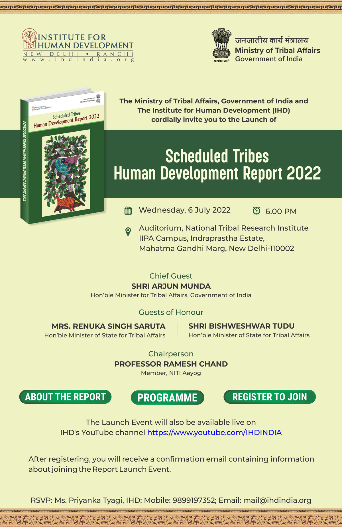 Invitation: Launch of Scheduled Tribes Human Development Report 2022 6 July 2022 6pm